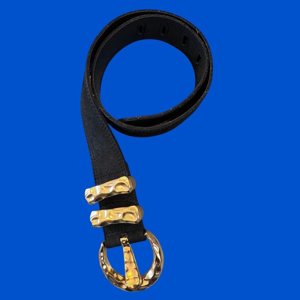Express Compagnie Internationale Leather Belt S Black Hammered Gold Buckle